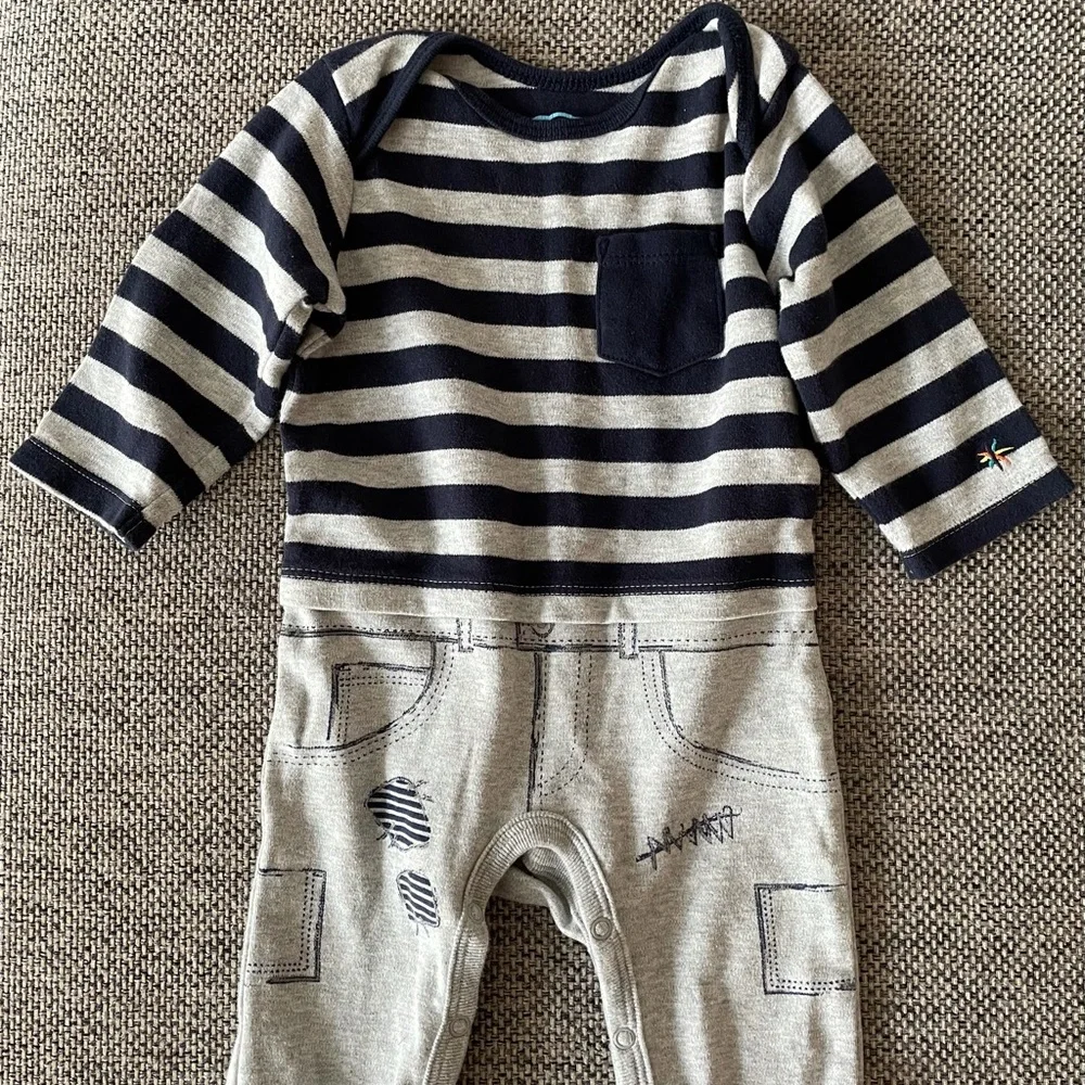 Truly Scrumptious | Grey Navy Striped Long Sleeve Playsuit Romper | 3 months